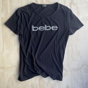 Bebe Y2K Shirt Womens XL Black Rhinestone Logo Ribbed Scoop Neck Stretch Tee Top